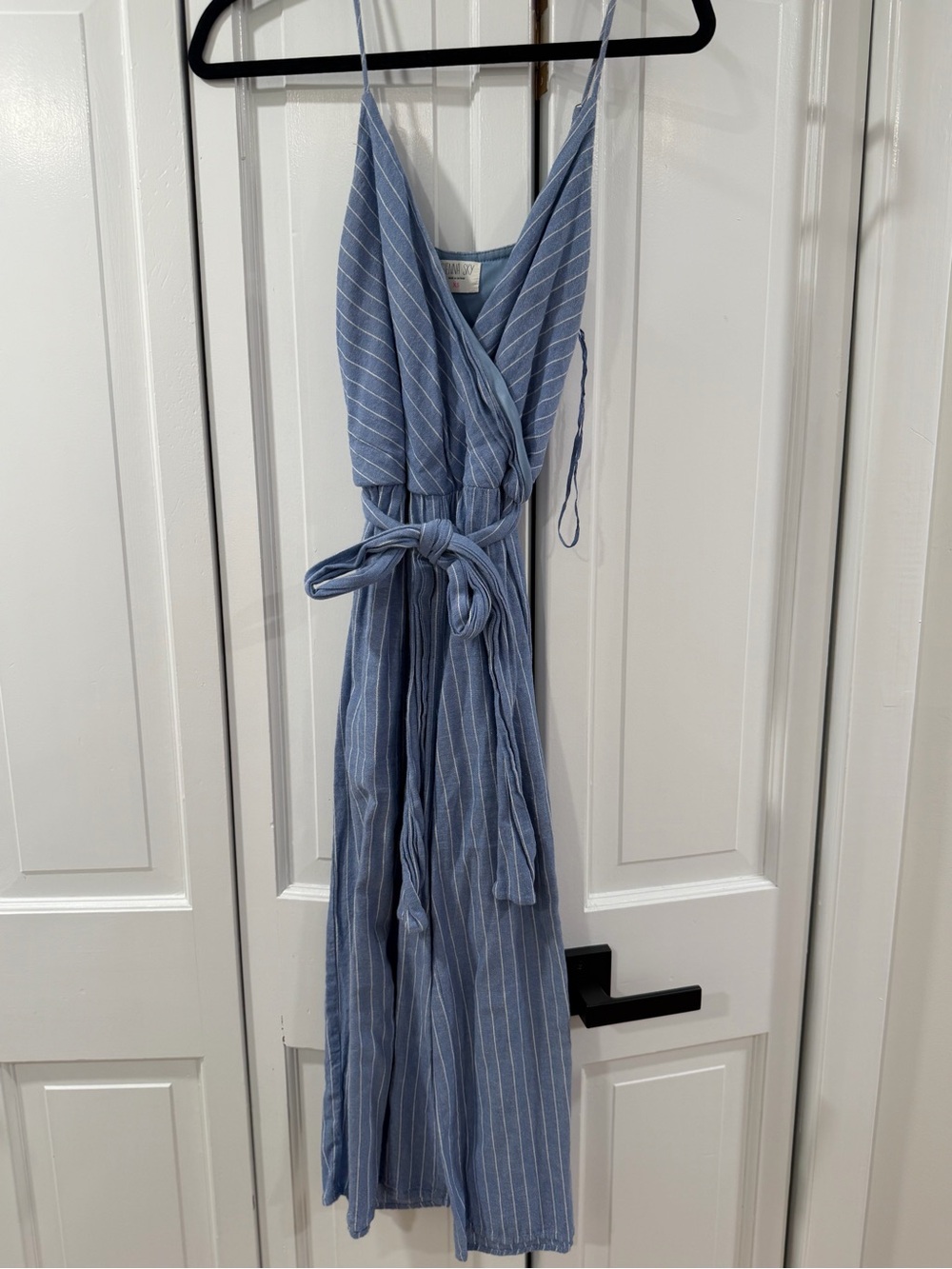 Sienna Sky Blue Pinstripe Wrap Jumpsuit with Tie Waist